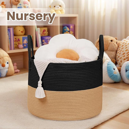Woven Blanket Basket,115L Large Rope Storage Bin with Handles, Organizer for Blankets Toys Book and Clothes, Laundry Basket for Living Room Bedroom Nursery,Black&Jute