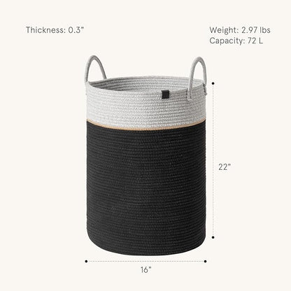 LA JOLIE MUSE Woven Basket Rope Storage Baskets - Large Cotton Organizer, Basket for Baby Blanket, Kids Toy Nursery Laundry Basket Ebony Black XL