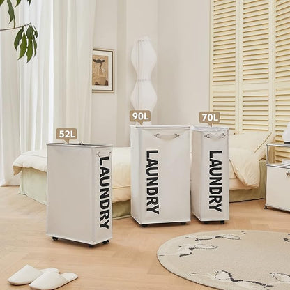 DOKEHOM 29-Inches Enlarged Slim Laundry Basket with Removable Wash Bag on Wheels, Collapsible Rolling Laundry Hamper, Foldable Narrow Corner Clothes Storage Bins (Beige)