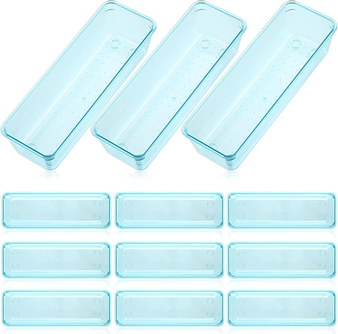 Maitys 12 Pcs Vanity Drawer Organizer 9 x 3 x 2 Inches Clear Plastic Utensil Organizers Kitchen Drawers Dividers for Office Desk Silverware Kitchen Utensils Cosmetics and Bathrooms(Blue)