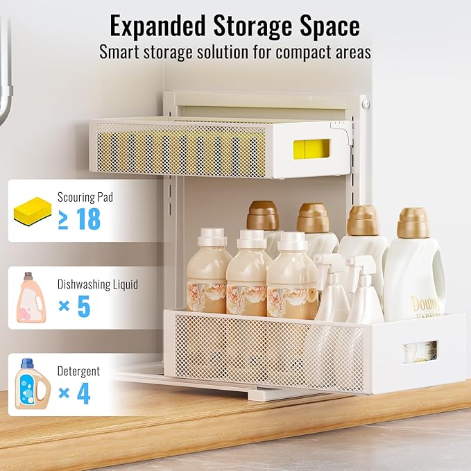 Full Metal Under Sink Organizer, Pull Out Cabinet Organizers and Storage, Silk-Smooth Sliding Drawer for Kitchen, Bathroom, Pantry, Cabinet, Closet (White, 2 Pack)