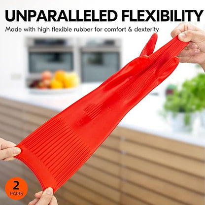 Vgo 2-Pairs Dishwashing Gloves, Reusable Household Gloves, Long Sleeve, Thick Latex, Cleaning, Washing, Working, Painting, Gardening, Pet Care (Size S, Red, RB2143)