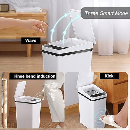 Yatmung 2 Pack - 2.5 Gallon Smart Trash Can Sensor Motion Slim Touchless Bathroom Trash Can - Skinny Trash Bin with Lid - Electric, Narrow, Plastic, Auto Open - Small Automatic Garbage Can (White)