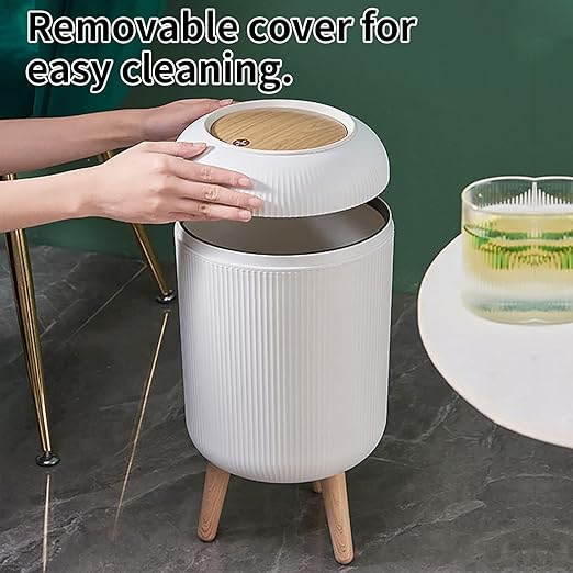 Trash Can With Lid for Bathroom, 2 Gallon/10 Liter Round Garbage Bin With Press Top, Plastic Modern Wastebasket With Soft Close, Container for Bedroom, Living Room, Office (White)