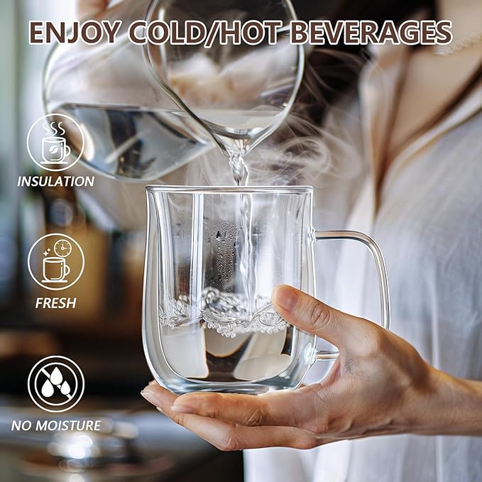Double Walled Glass Coffee Mugs 12 oz, Glass Coffee Cups Set of 4 with Spoons, Clear Coffee Mug with Handles for Hot Beverages, Cappuccino, Latte, and Tea Bags.
