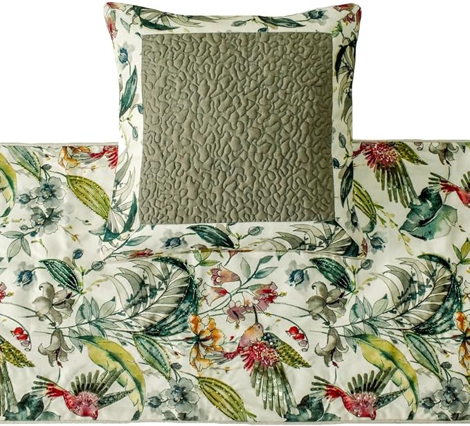 The HomeCentric King Queen Twin Ivory & Multi Designer Twin 53"x18" Bed Runner with Pillow Cover, Bird, Sequins & Beaded Bed Scarf on Cotton Fabric - Exotic Birds