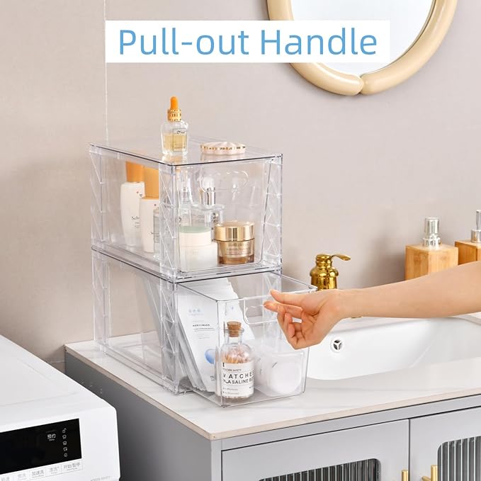 Plastic Drawers Storage, 4Pack Clear Stackable Storage Drawers, Acrylic Storage Bins with Drawers for Fridge Organizers, PlasticDrawers Stackable for Makeup Organizers Cosmetic Display, Large