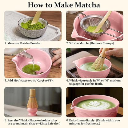 7PCs Pink Matcha Whisk Set Traditional Japanese Matcha Kit with Whisk and Bowl Matcha Making Accessories Bamboo Chasen Tea Spoon Holder Sifter Tea Towel Ceremony Macha Tea Set for Beginners