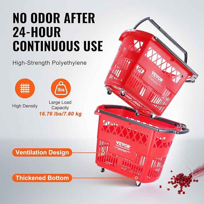 VEVOR Shopping Carts with Handles, 6PCS, 39L Plastic Rolling Shopping Basket with Wheels, Large Portable Shopping Basket Set for Supermarkets, Retail Stores, Grocery Shopping, Red
