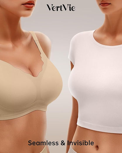 Vertvie Womens Seamless Bras No Underwire Supportive Wireless Push Up Full Coverage Bralette Comfort Scalloped T-Shirt Bra