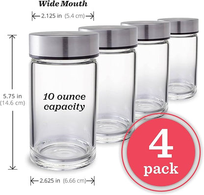 Juice Bottles - 4 Pack Wide Mouth Glass Bottles with Lids - for Juicing, Smoothies, Infused Water, Beverage Storage - 10oz, BPA Free, Stainless Steel Lids, Leakproof, Reusable, Borosilicate
