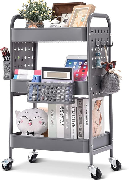 TOOLF 3-Tier Rolling Cart, Metal Utility Storage Cart with DIY Pegboards, Art Craft Trolley with Baskets Hooks, Serving Organizer Easy Assemble for Office, Home, Kitchen, Classroom (Grey)