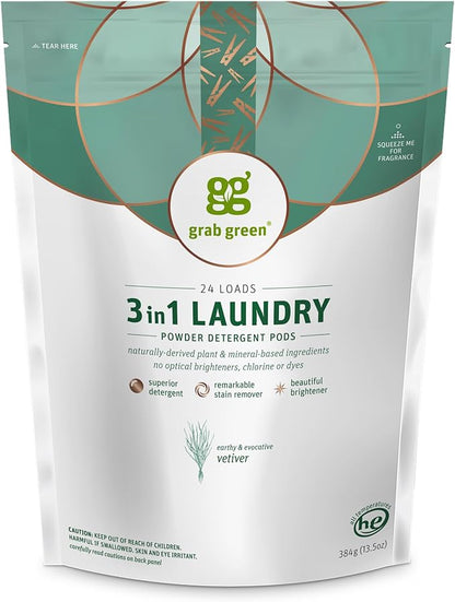 Grab Green 3-in-1 Laundry Detergent Pods, 24 Count, Vetiver Scent, Plant and Mineral Based, Superior Cleaning Power, Stain Remover, Brightens Clothes