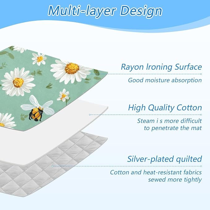 Ironing Mat Portable Ironing Pad Ironing Blanket for Table Top Heat Resistance Double-Side Using Travel Large 47.2 x 27.6 Inch Foldable Lightweight Mint Green Daisy Flowers and Bees