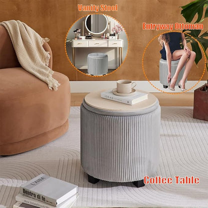 Big Round Ottoman with Storage Set of 2,Upholstered Velvet Vanity Stool for Makeup Multifunctional Foot Rest Coffee Table Padded Seat Tufted Ottomans for Living Room&Bedroom (Grey)