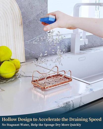 Consumest Sponge Holder for Kitchen Sink - Movable Sink Caddy for Countertop Organizer, 304 Stainless Steel Sponge Holder with Detachable Drip Tray for Kitchen Accessories, Rose Gold