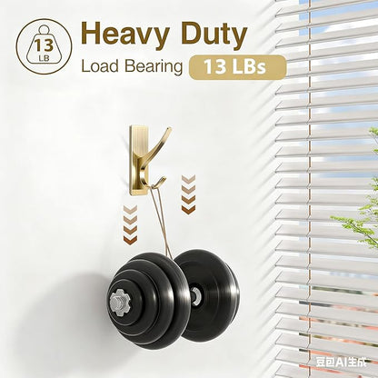 10 Pack Self Adhesive Coat Hooks for Hanging, Heavy Duty Stainless Double Wall Hook for Towel, Backpack, Hat, Sturdy Metal Hanger for Bathroom, Bedroom, Door, Wall Mounted, Brushed Gold