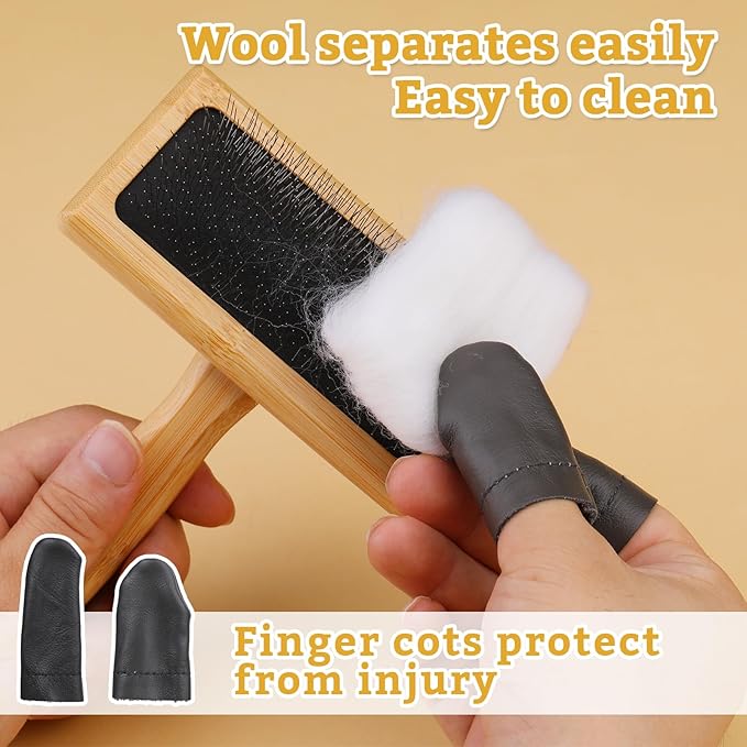2 Pcs Large Wooden Wool Carders, Needle Felting Carding Brushes Tools with Finger Cots, Wool Needle Felting Brushes for Wool Felting, Spinning Crafts, Pet Grooming