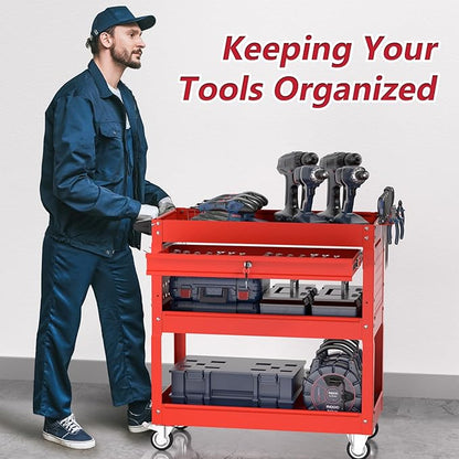 3 Tier Rolling Tool Cart on Wheels, Heavy Duty Service Cart Industrial Utility Cart with Drawer and Screwdriver Rack Pegboard, 550 LBS Mobile Tool Storage Organizer for Garage, Workshop (Red)