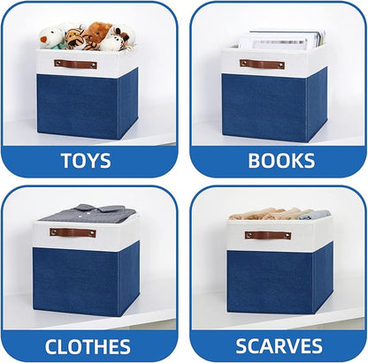 Temary Collapsible Storage Boxes - 12x12 Blue Cube Storage Bins with Handles for Organizing Home, White&Blue
