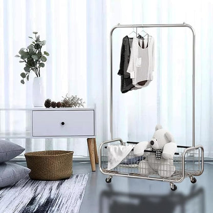 Garment Rack With Storage Baskets,Clothing Rack for Hanging Clothes, Multi-functional Bedroom Clothes Rack with Wheels for Bedroom, Living Room, Easy Assembly (40inch lenght)