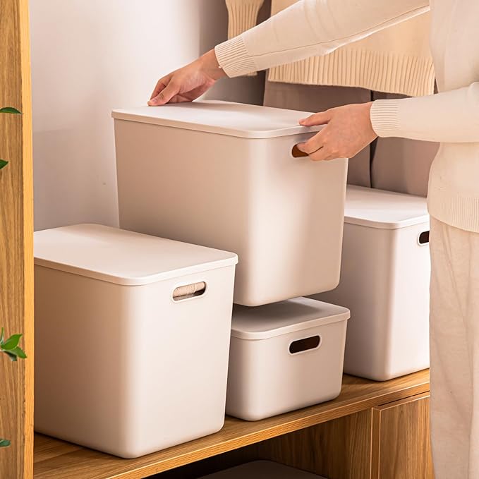 Plastic Storage Bins with lids,Storage Baskets,Container with handle,Storage Organizer Bins for Shelves,Office,Bedrooms,Closets, Cabinets(Grey，4XL)