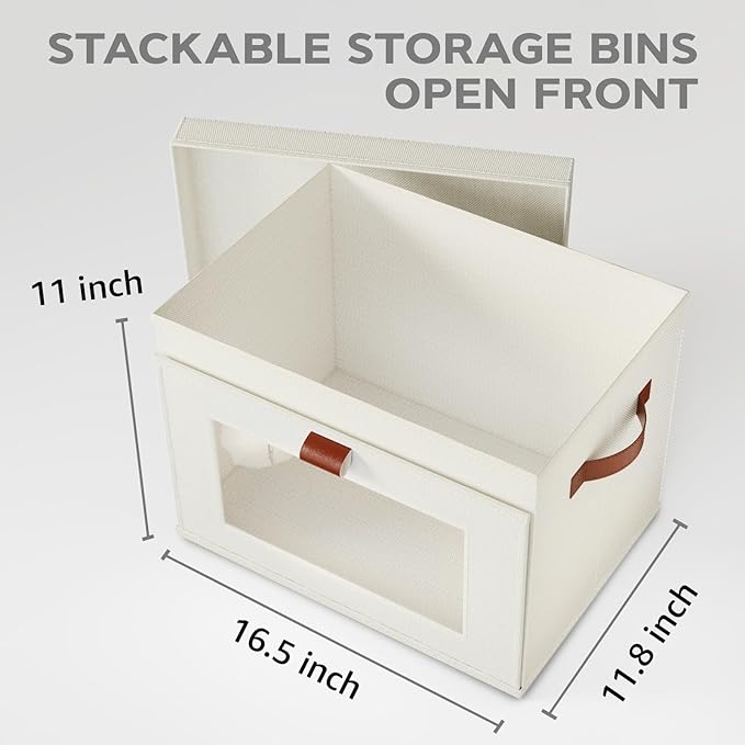 Large Storage Bins with Lids,Stackable&Collapsible Closet Storage Bins,Oxford Fabric Organizer Box with Clear Window,Large Decorative Storage Boxes for Shelves,Wardrobe,Living Room(Beige)