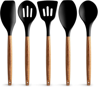Zulay Kitchen Non-Stick Cooking Utensils Set with Authentic Acacia Wood Handles – 5-Piece Durable & Stylish Silicone Kitchen Utensils Set – Heat Resistant to 464°F – Black