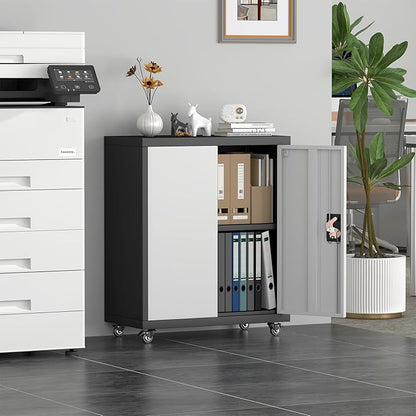Metal Storage Cabinet with Wheels, Steel Mobile Garage Cabinets with Lockable Door and Adjustable Shelf, Metal Rolling Tool Cabinet, Utility Cabinet for Home, Office, Black+Gray