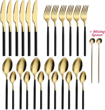 24 Piece Silverware Set For 6 Gold & Matte Black Handle Heavy duty 18/10 Stainless Steel Flatware Set Modern Design Knife/Fork/Spoon Mirror Polished Dishwasher Safe Cutlery Set with Gifts