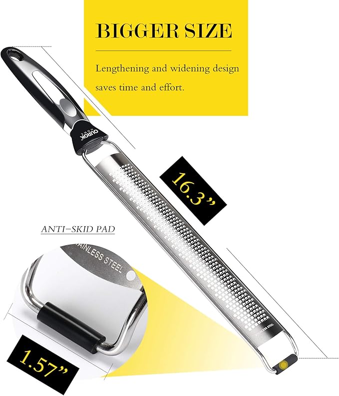 Ourokhome Kitchen Lemon Zester, Stainless Steel Hand Held Parmesan Cheese Grater for Ginger, Chocolate, Coconut, Lime, Nutmeg, Citrus, Fruit, Vegetable with Cleaning Brush, Dishwasher safe, Black