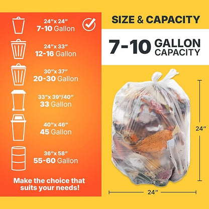 7-10 Gallon Trash Bags, 8 Micron High Density Garbage Can Liners Bulk, 24" x 24", Natural Clear, 1000 Count