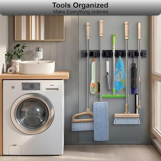 Broom Holder Wall Mount With 5 Slots & 4 Hooks，Rustic Wood Broom & Mop Hanger，Wall Mounted Garden & Garage Tool Storage Organizer Rack for Closet Laundry Room or Kitchen Wall Decor Black