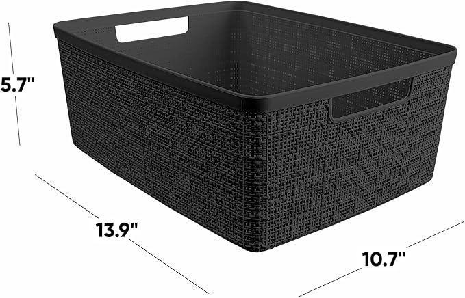 Curver Set of 6 Jute Medium Decorative Plastic Organization and Storage Baskets, Perfect Bins for Home Office, Closet Shelves, Kitchen Pantry and All Bedroom Essentials, Black