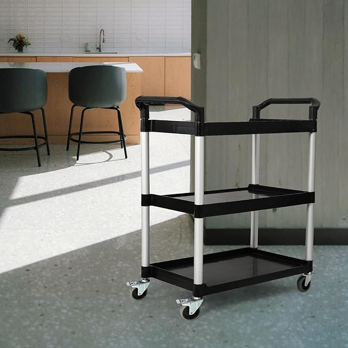 3-Tier Utility Rolling Cart with Wheels, Durable Catering carts with Wheels, Rolling Storage Cart for Hotel Canteen Resturant Office (Black, 34.4" D x 16.5" W x 37.7" H)
