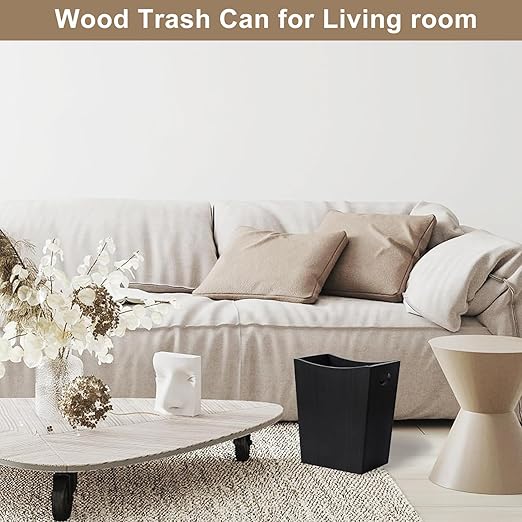 SEHERTIWY Wood Trash Can, Farmhouse Wastebasket Bin for Bathroom, Office, Bedroom, Living Room, Small Square Rustic Garbage Container (Wood-Black)