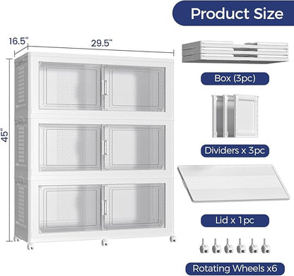 120GAL Extra Large Storage Bins with Lid, 480Qt Stackable Closet Organizers and Drawers, Collapsible Storage Bins with Wheels, Folding Storages Cabinet for Home Bedroom Office, 3Pack White