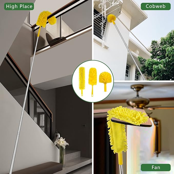 17 Foot High Reach Duster Kit with 2-to-9 Foot Extension Pole, Newliton 3-in-1 High Ceiling Chenille Duster, Microfiber Duster, Cobweb Duster, Indoor & Outdoor Extendable Bendable Duster Cleaning Set