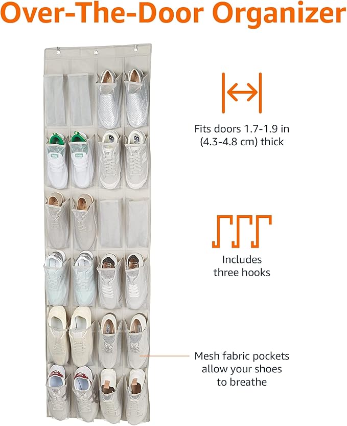 Amazon Basics 24 Medium Pocket Over-the-Door Hanging Shoe Organizer, Light Grey