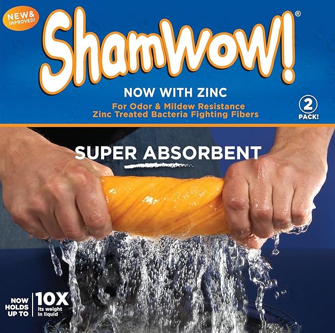 ShamWow Original Super Absorbent Multi-Purpose Cleaning Shammy Chamois Towel Cloth - Holds 10X its Weight in Liquid - Machine Washable - Will Not Scratch (2 Pack, Orange)