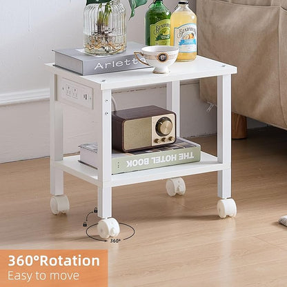 Lerliuo Under Desk Printer Stand with Charging Station, 2 Tier Wooden Small Printer Table with Storage, Rolling Printer Cart Shelf with Lockable Wheels for Home, Office (White)