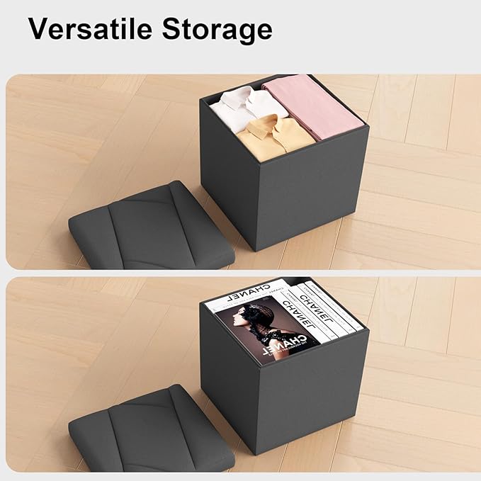 Folding Storage Ottoman Bench, 15 Inches End of Bed Bench, Folding Ottoman Storage for Bedroom, Entryway and Living Room, 15"x15"x15",Dark Gray