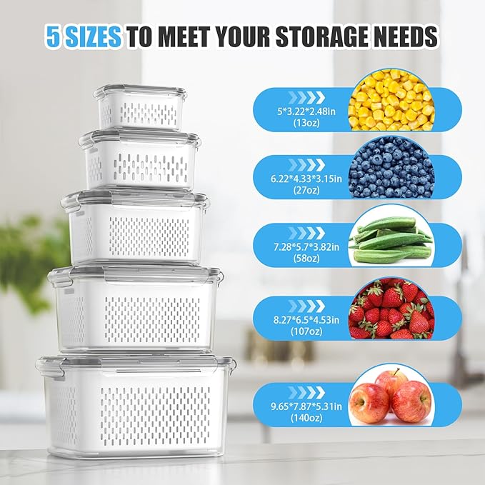 5 Pack Fruit Storage Containers for Fridge - Clear Berry Containers with Colander, Airtight Fridge Organizer Bins with Vent Handle Lids for Refrigerator Organizers and Storage Keep Fresh
