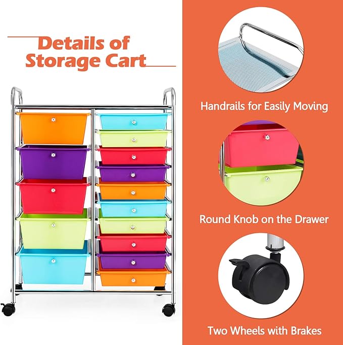 GOFLAME 15-Drawer Rolling Storage Cart, Multipurpose Movable Organizer, Utility Cart for Home, Office, School, Multicolored