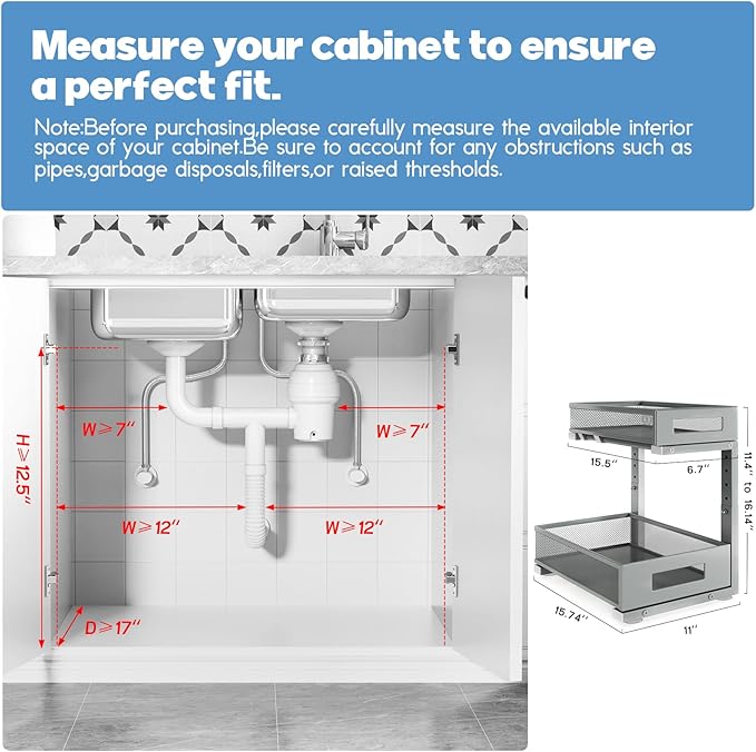 2-Pack Under Sink Storage Organizer, Large 2-Tier Elegant Mesh Pull Out Shelf for Kitchen and Bathroom Cabinet Organization, L-Shaped and Adjustable Height Design-Gun Gray