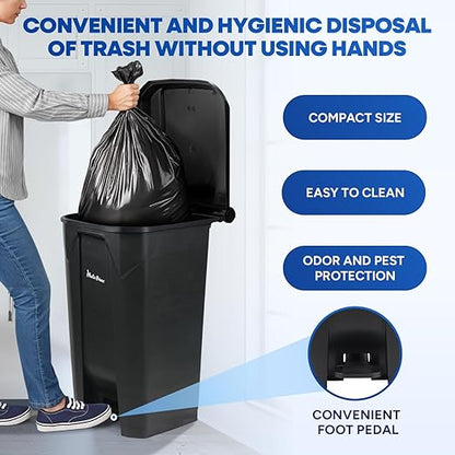 27 Gallon Step-On Trash Can/Container, Black Plastic Dustbin with Lid and Foot Pedal, Hands-Free Disposal