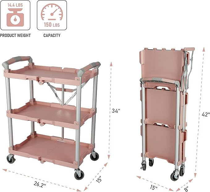 Olympia Tools 89-350 Pack-N-Roll Folding Collapsible Service Cart, 150LB Capacity, Rose