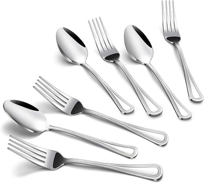 24 PCS Spoons and Forks Set, Food Grade Stainless Steel with Pearl Dot Design Handle Silverware Set, Mirror Polished Dishwasher Safe, Silverware Forks and Spoons for Home or Restaurant