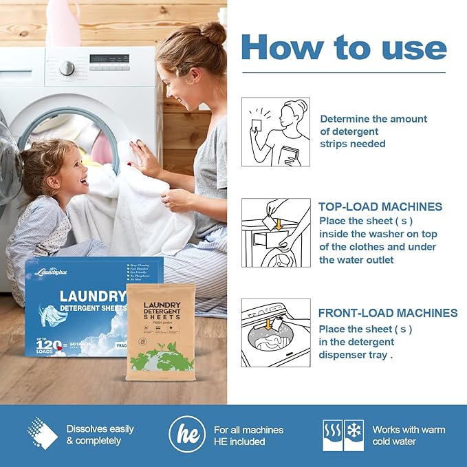 Laundry Detergent Sheet, Eco-Friendly & Hypoallergenic Wash Strips, Natural Ingredients, Ultra-Concentrated, Travel-Ready, No Plastic Jug- Unscented, (120 Loads) 60 Sheets