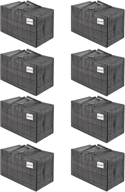 VENO 8 Pack Moving and Storage Bags, Heavy Duty, Alternative to Moving Boxes, Large Packing Totes Supplies for College Dorm Room with Zipper for Clothes, Wide Open Design (Windowpane, 8 Pack)